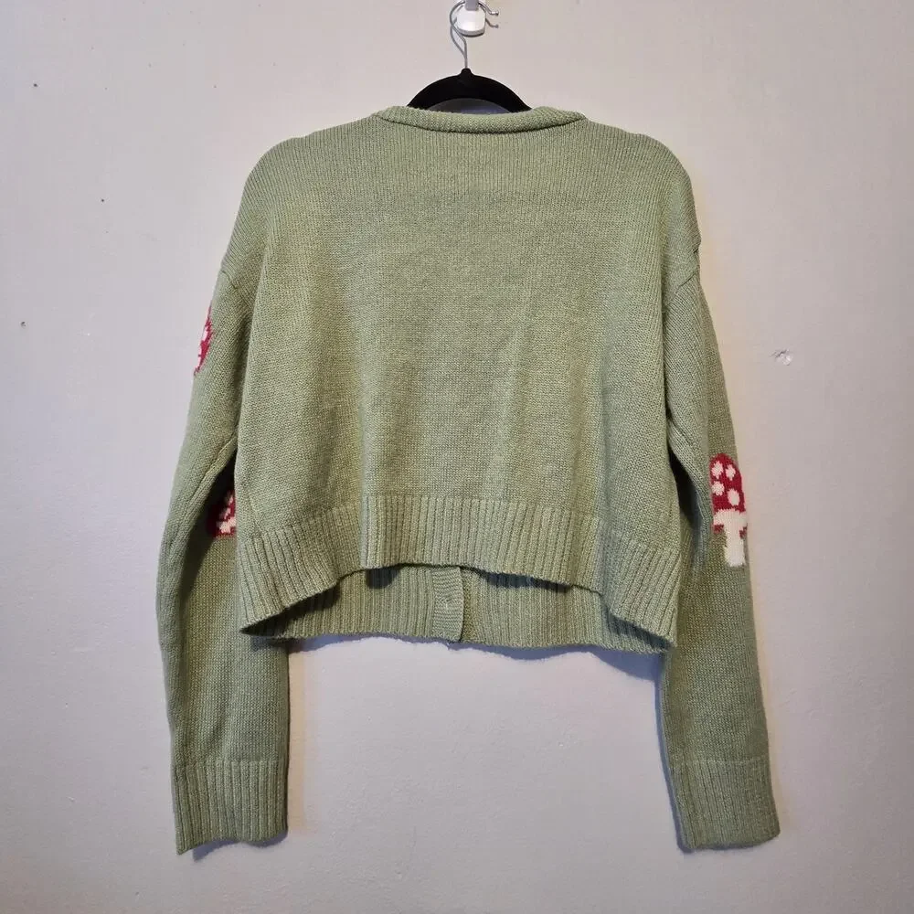 Mushroom Cropped Cardigan Womens LG Green Bohemian Cottage Goblin Woodsy Fairy - Picture 7 of 7